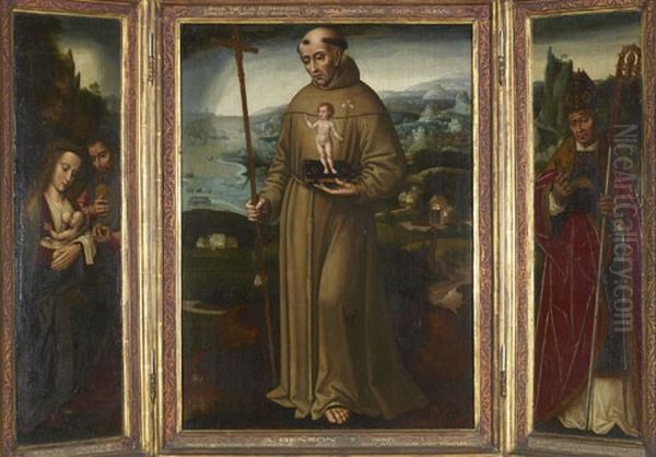 Rust op de vlucht naar Egypte (links); de H. Antonius van Padua (midden); de H. Secundus van Avila Oil Painting by Ambrosius Benson