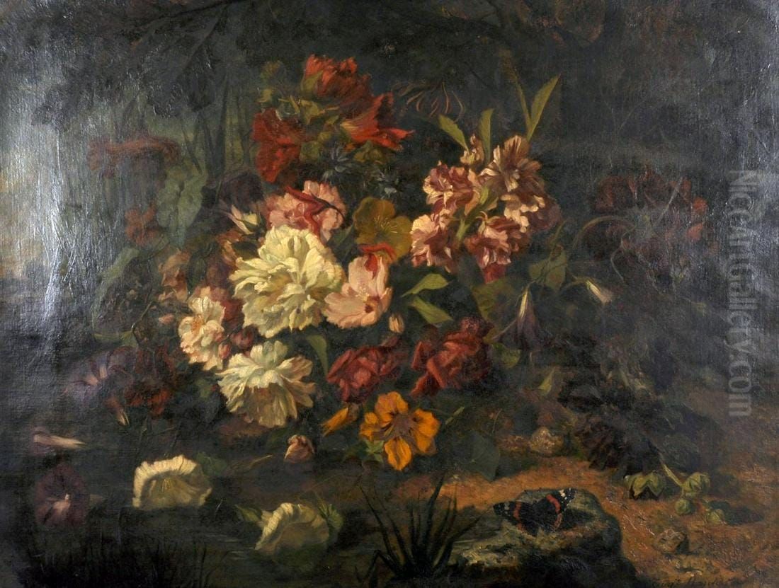 Still Life with Mixed Flowers and Butterfly Oil Painting by unknown
