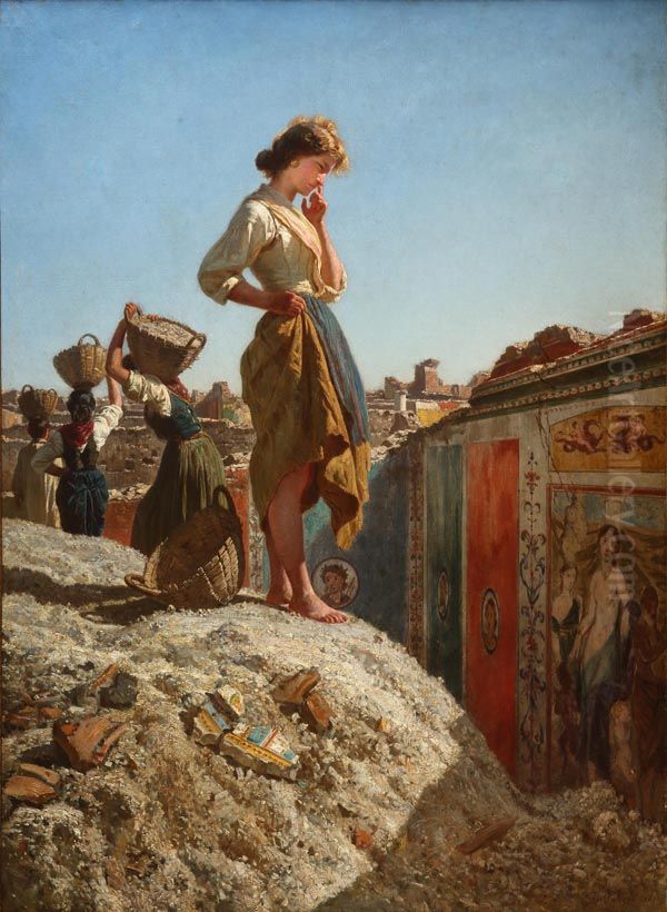 Pensive girl at Pompeii excavations (1865) Oil Painting by Filippo Palizzi