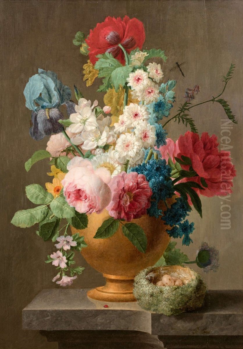Vase of flowers and a bird's nest on a ledge Oil Painting by Pieter Faes
