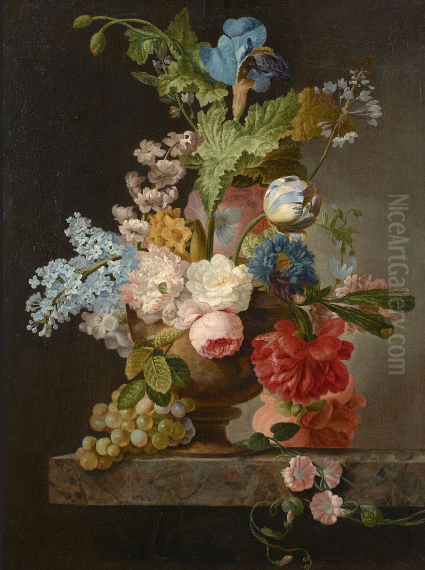 Bouquet of flowers with a bunch of grapes Oil Painting by Pieter Faes