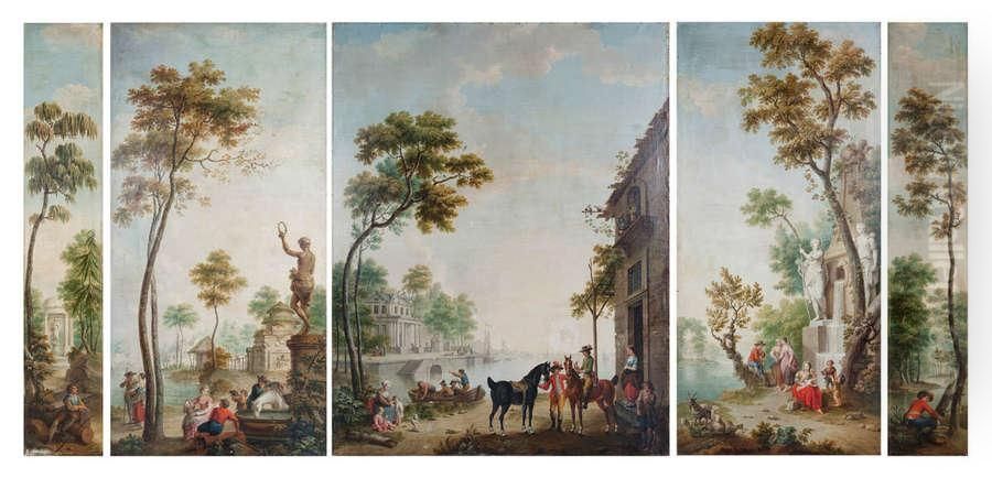 Animated park and harbour views Oil Painting by Petrus Norbertus Van Reysschoot