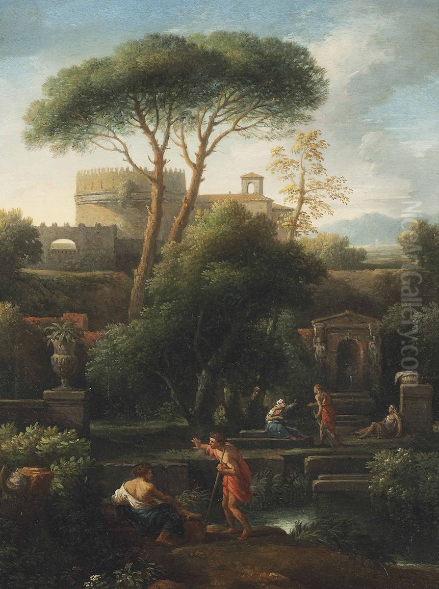 Italianate landscape with washerwomen and other figures conversing by a stream, classical buildings including the tomb of Cecilia Metella beyond Oil Painting by Jan Frans van Bloemen