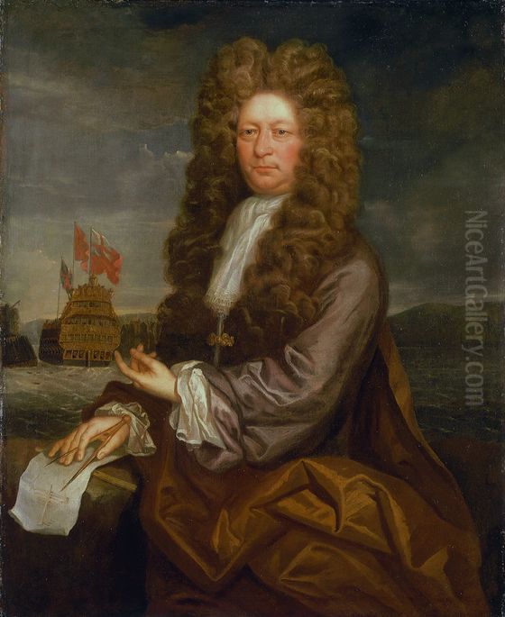 Fisher Harding, Master Shipwright, active 1698-1701, with the Launch of the 'Royal Sovereign Oil Painting by Jonathan Richardson