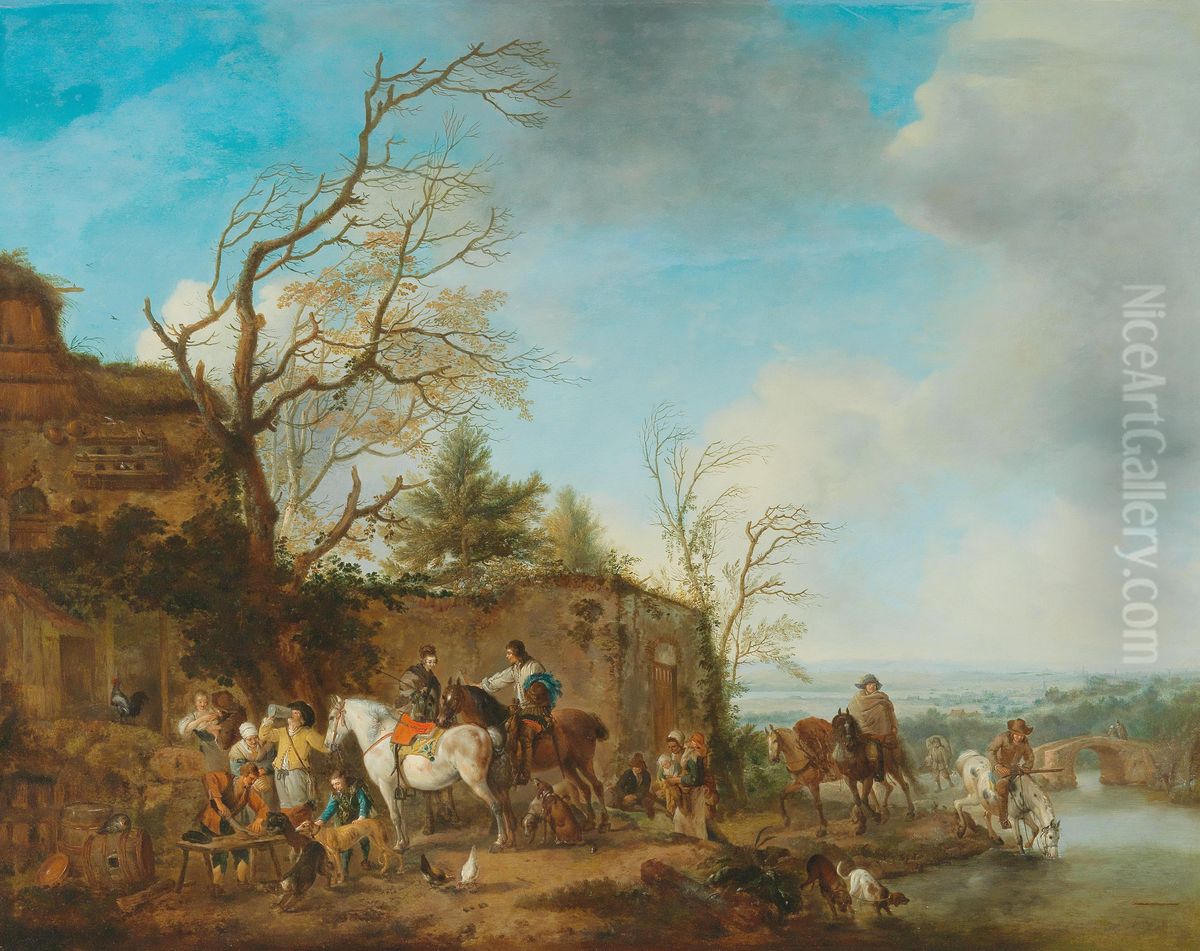 A riding party taking refreshments in a river landscape Oil Painting by Carel van Falens or Valens