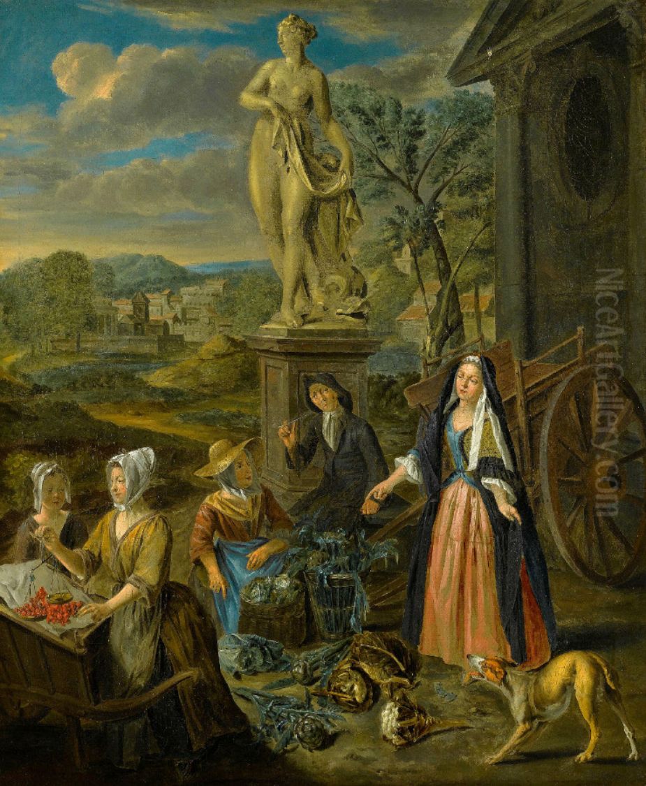 Vegetable and fruit market by a statue of Venus Oil Painting by Joseph van Aken