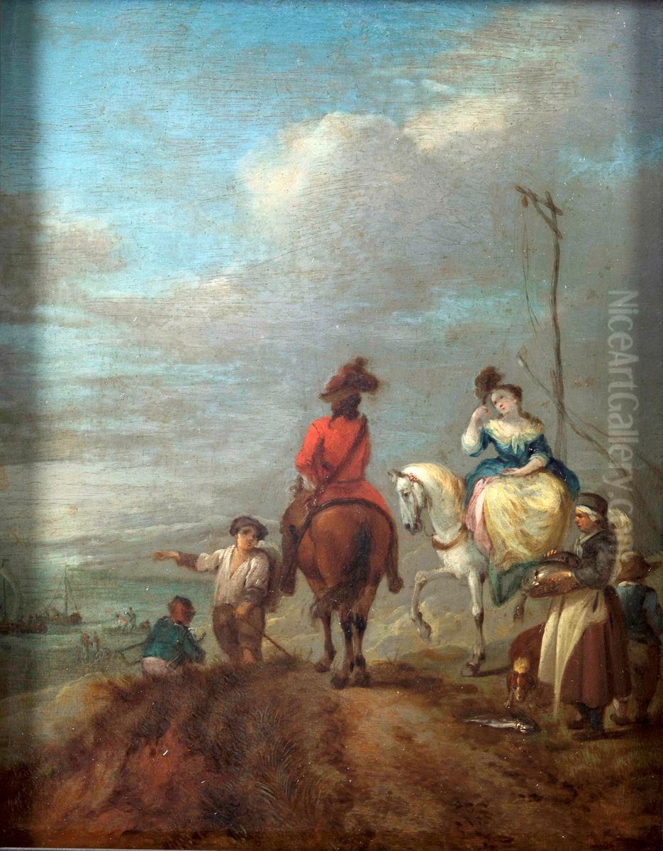 Riders and ladies on horseback Oil Painting by Carel van Falens or Valens