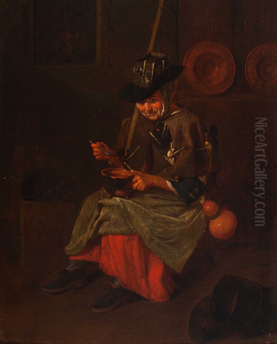 Woman eating soup in an interior Oil Painting by Hendrick Govaerts