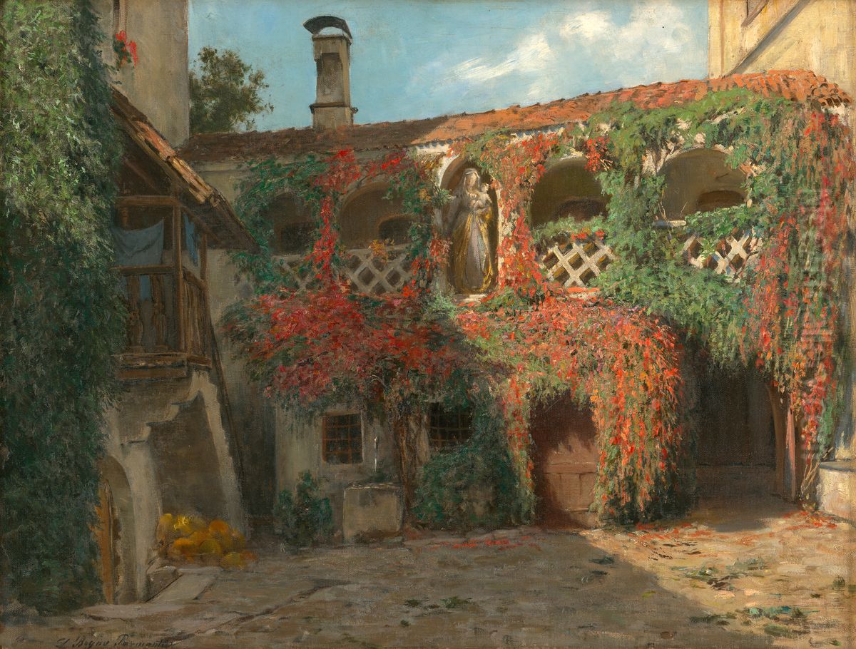 Pergola of a South Tyrolean farmstead entwined with Virginia creeper Oil Painting by Luise Begas-Parmentier