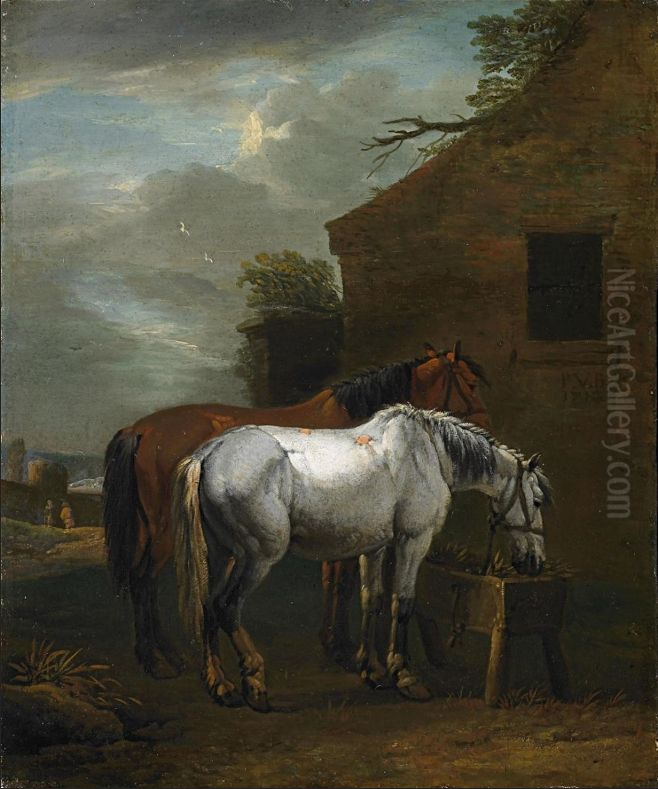 Two horses with saddles at a watering place Oil Painting by Pieter van Bloemen