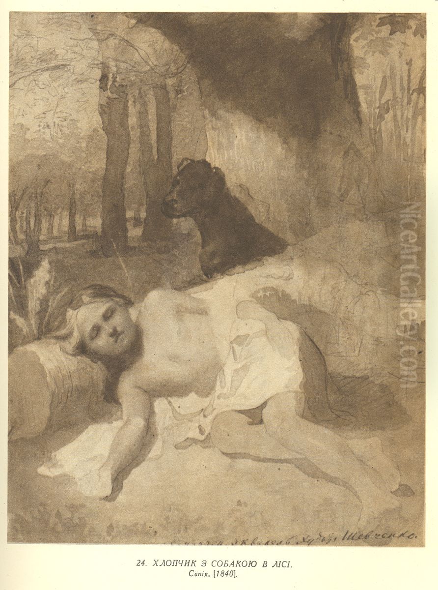 Hlopcik z sobakou v lisi Oil Painting by Taras Shevchenko