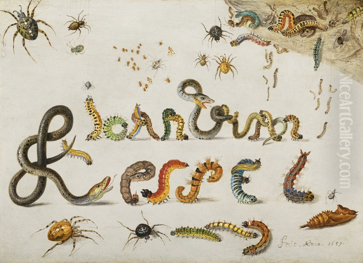 Garden and house spiders with grass snakes and caterpillars contorted and entwined to spell the artist's name Oil Painting by Jan van Kessel the Elder