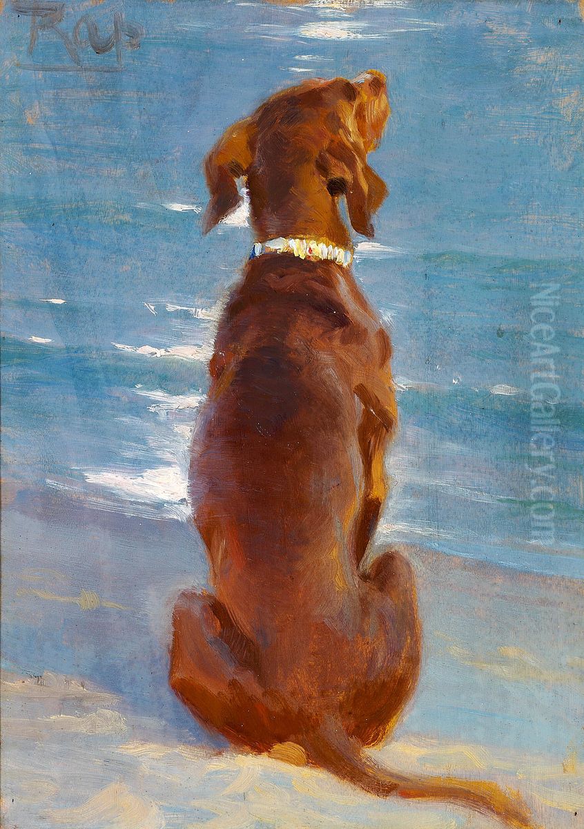 Siddende brun Hund, set fra Ryggen, Rap. Oil Painting by Peder Severin Kroyer