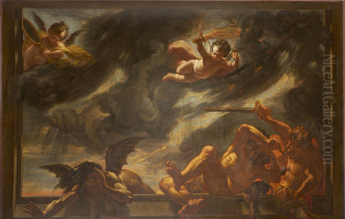 The Peace Angel chases off the monsters of war Oil Painting by Jacques Ignatius De Roore