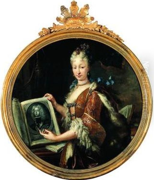 Portrait of Elisabeth Farnese (1692-1766) with a picture of her husband Oil Painting by Miguel Jacinto Melendez