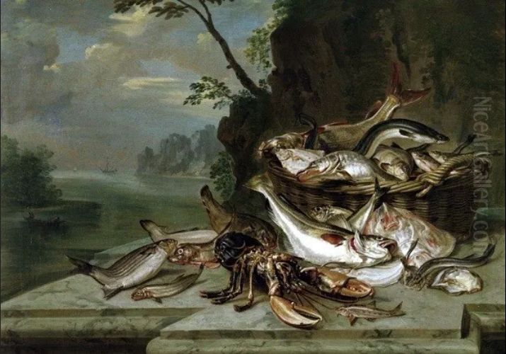 Still life of fish, in a basket and on marble ledge Oil Painting by Arnoldus van Haecken