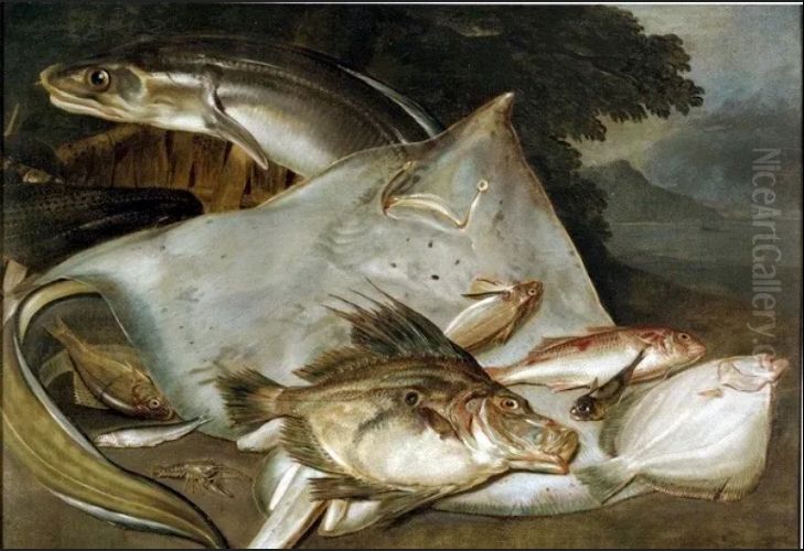 Still life of fish on rocks, a skate in centre and large eel curling behind Oil Painting by Arnoldus van Haecken