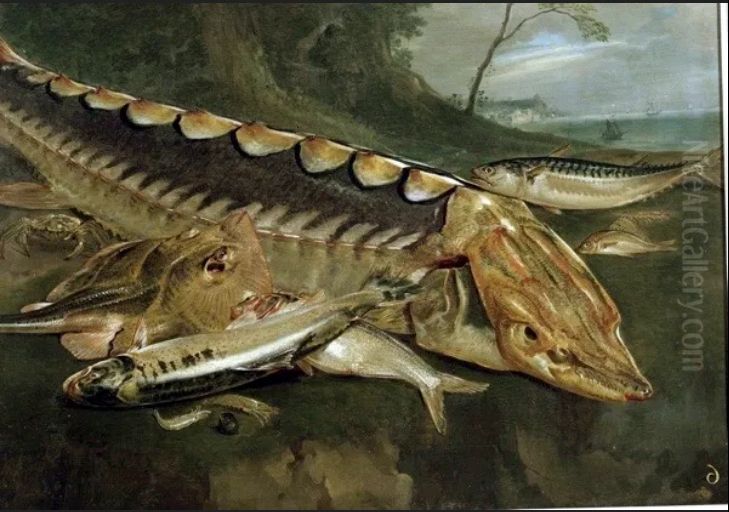 Still life of fish on rocks with large sturgeon in centre; trees behind and ships on sea Oil Painting by Arnoldus van Haecken