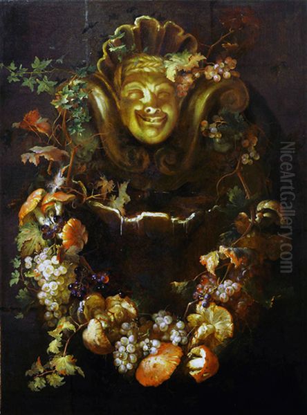 Still life with fountain and garland of flowers and fruit Oil Painting by Nicola van Houbraken