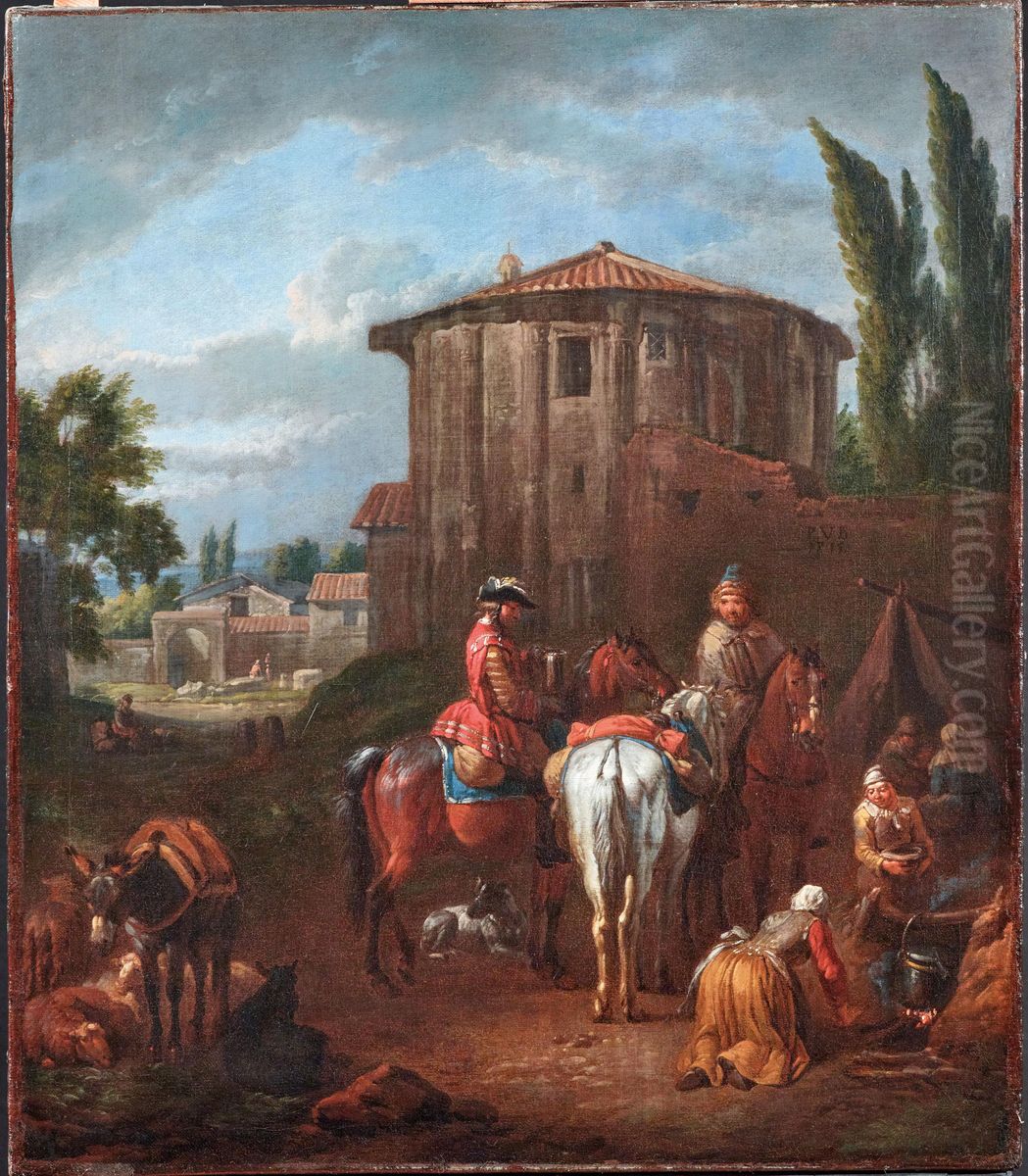 Roman landscape with figures and animals in front of the Temple Vesta Oil Painting by Pieter van Bloemen