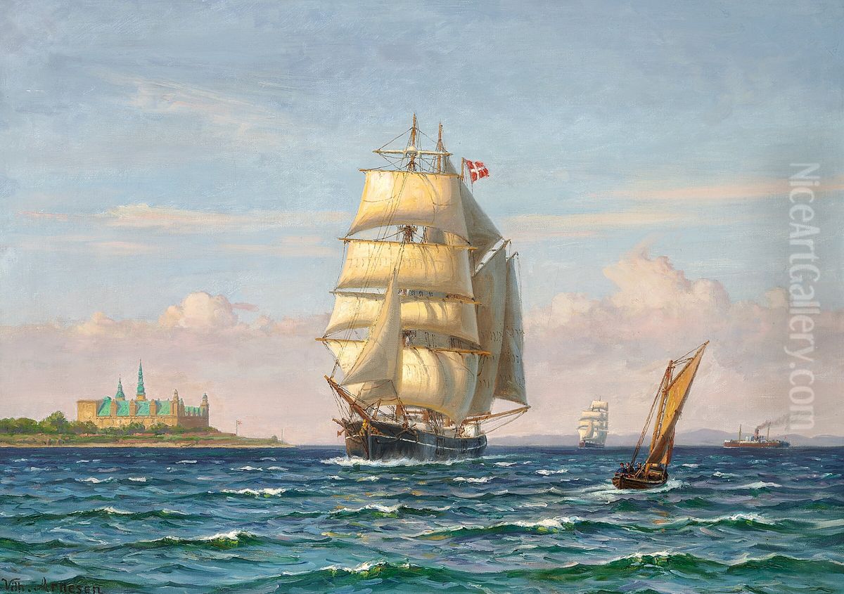 Sailing ships off Kronborg, Denmark. Oil Painting by Vilhelm Arnesen