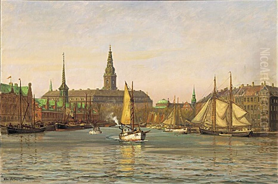 View from Borsgraven in Copenhagen towards Borsen and Christiansborg. Oil Painting by Vilhelm Arnesen
