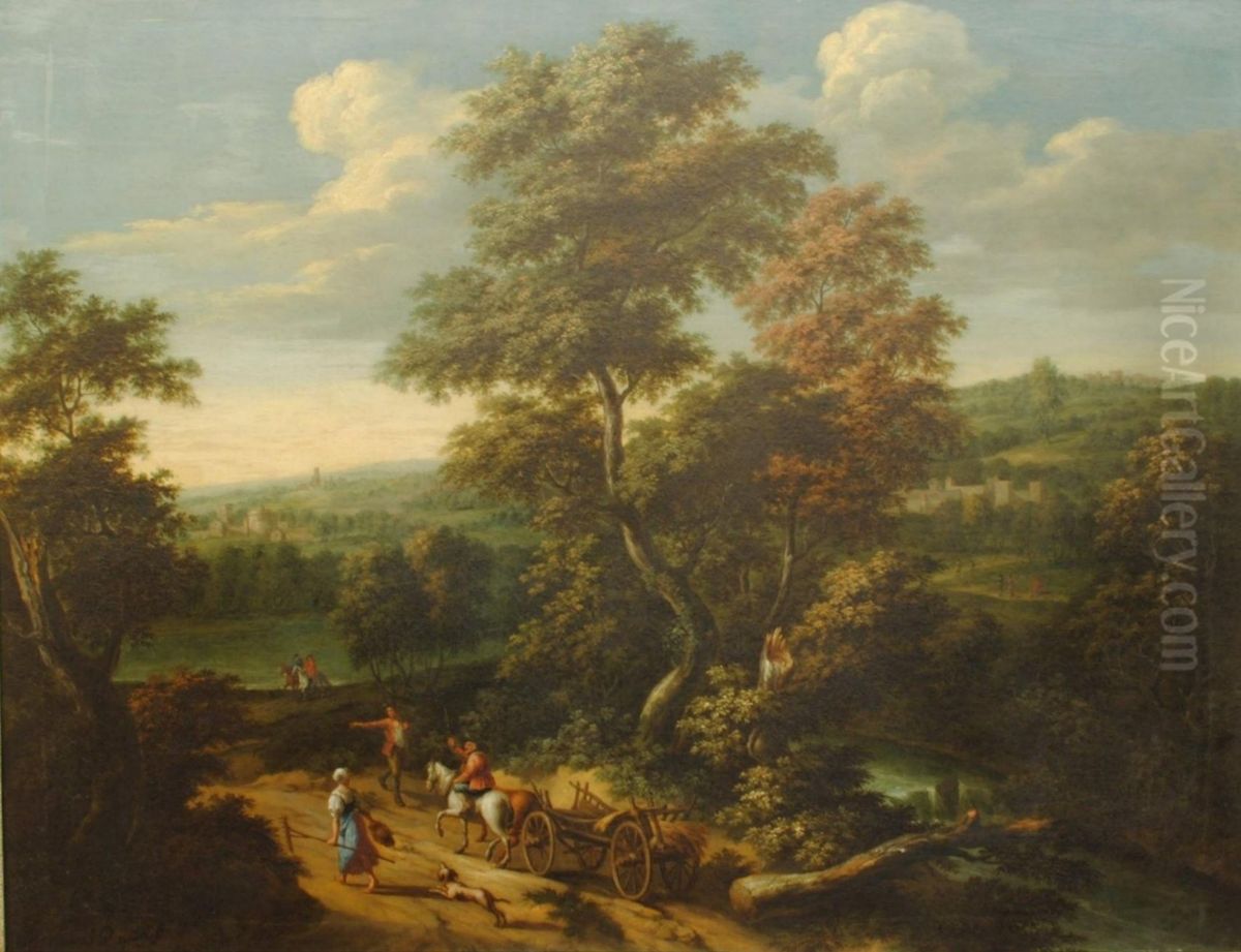 Landscape with figures on a village road Oil Painting by Joannes Philippus Spalthoven