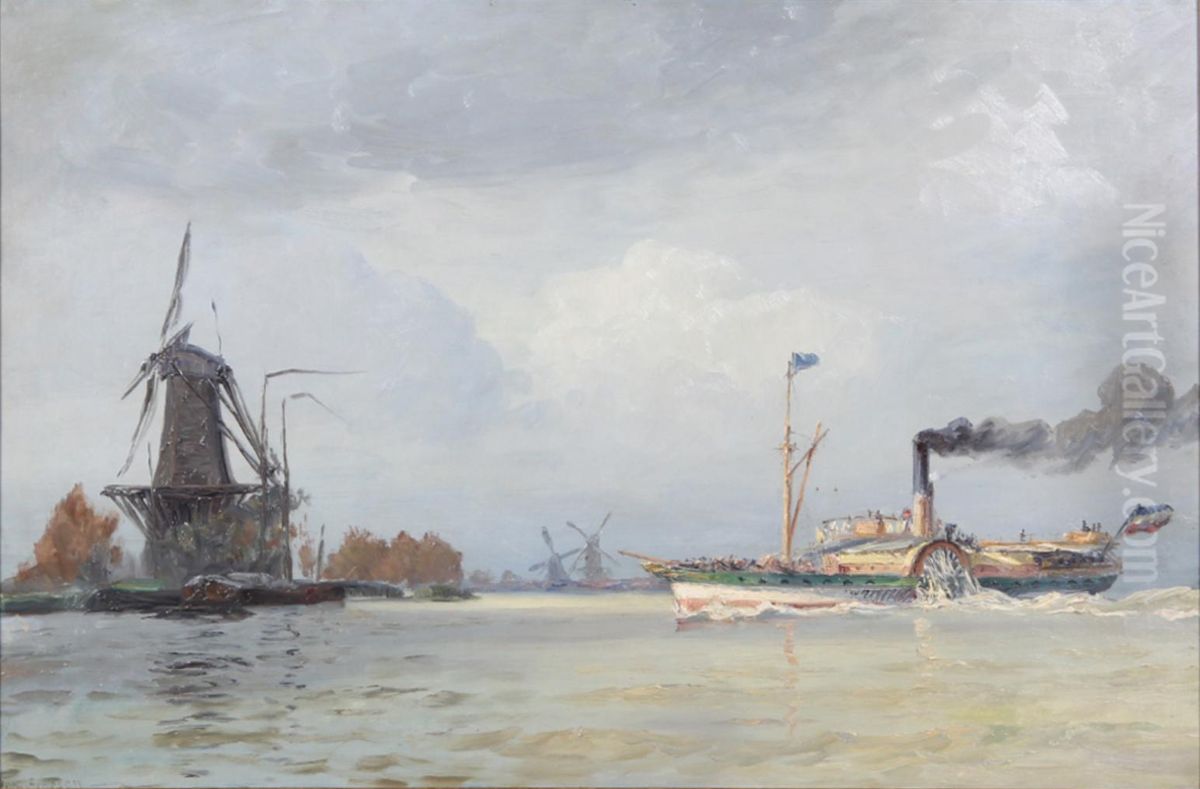 A paddle steamer off the coast of the Netherlands. Oil Painting by Vilhelm Arnesen