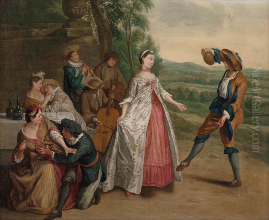 Gallant company with dancing couple and couples in love Oil Painting by Peter Jacob Horemans