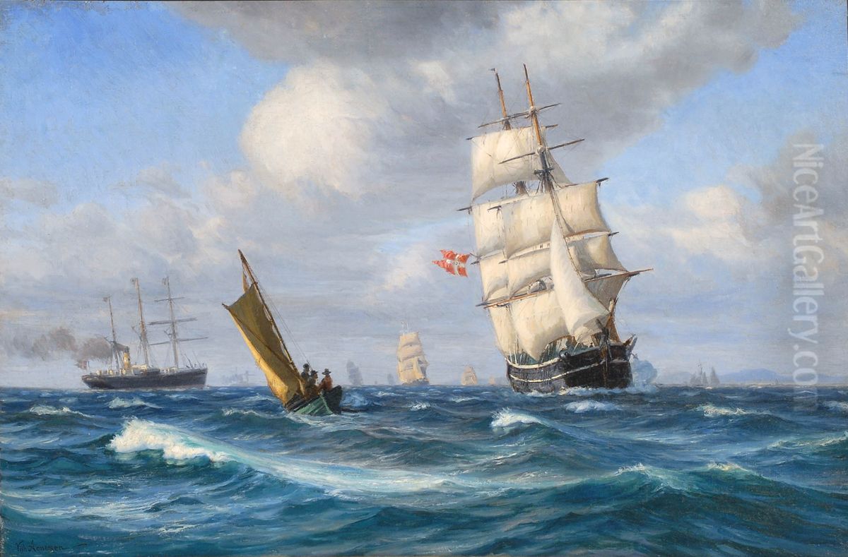 Adskillige skibe naer en kyst. Oil Painting by Vilhelm Arnesen