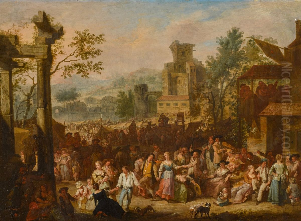 Market scene with peasants dancing Oil Painting by Joseph van Aken