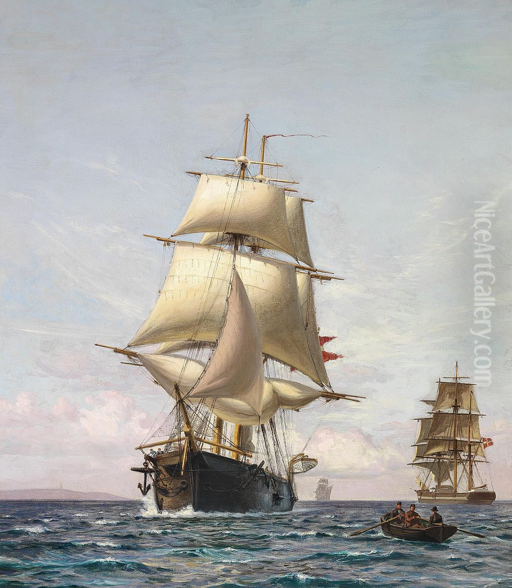 Tre fuldriggere og en jolle ud for kysten. Oil Painting by Vilhelm Arnesen