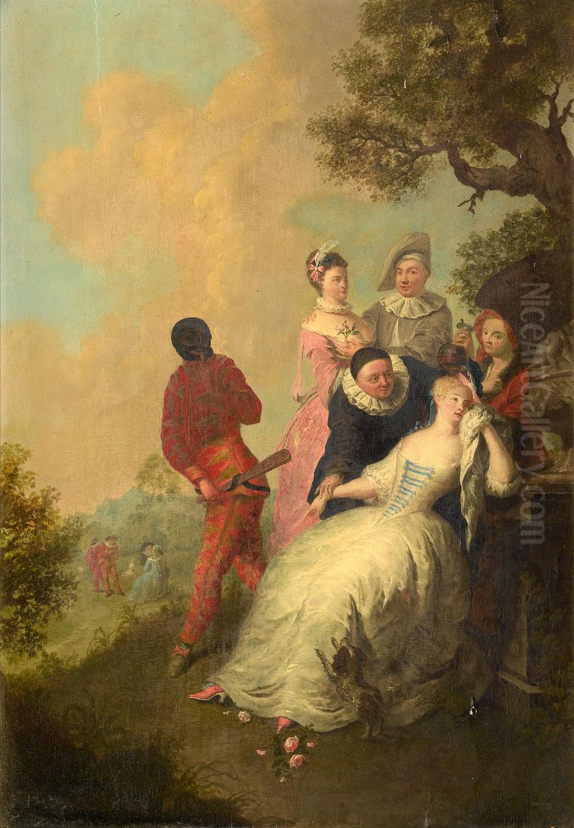 Commedia dell'arte scene in a landscape Oil Painting by Gerard Joseph Xavery