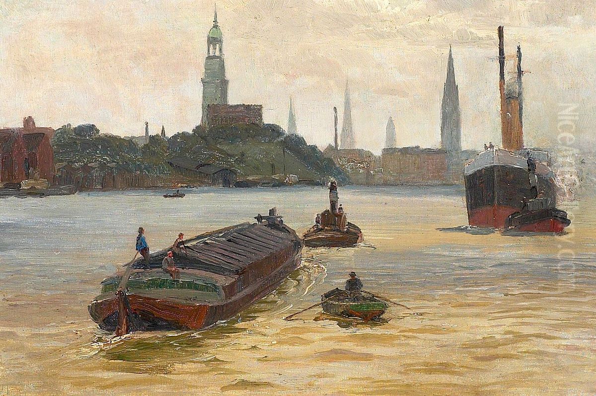Scenery from the harbour of Hamburg. Oil Painting by Vilhelm Arnesen