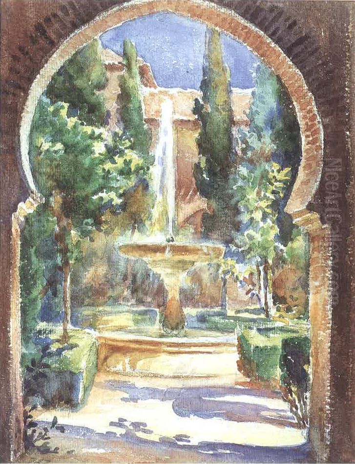 Grenade. Vue Sur Les Jardins Du Generalife. Oil Painting by Moustafa Farroukh