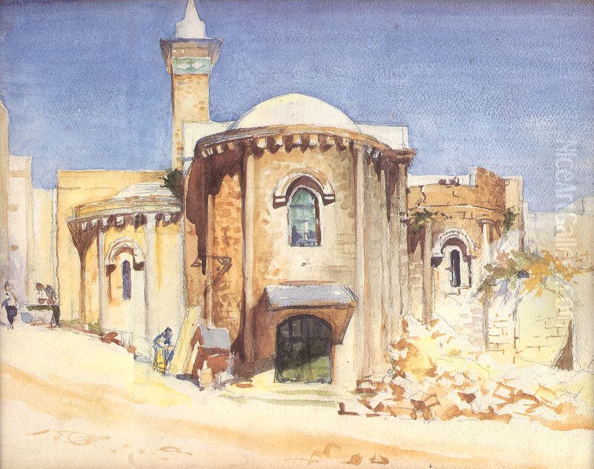 Beirut. Al-Omari Mosque. Oil Painting by Moustafa Farroukh
