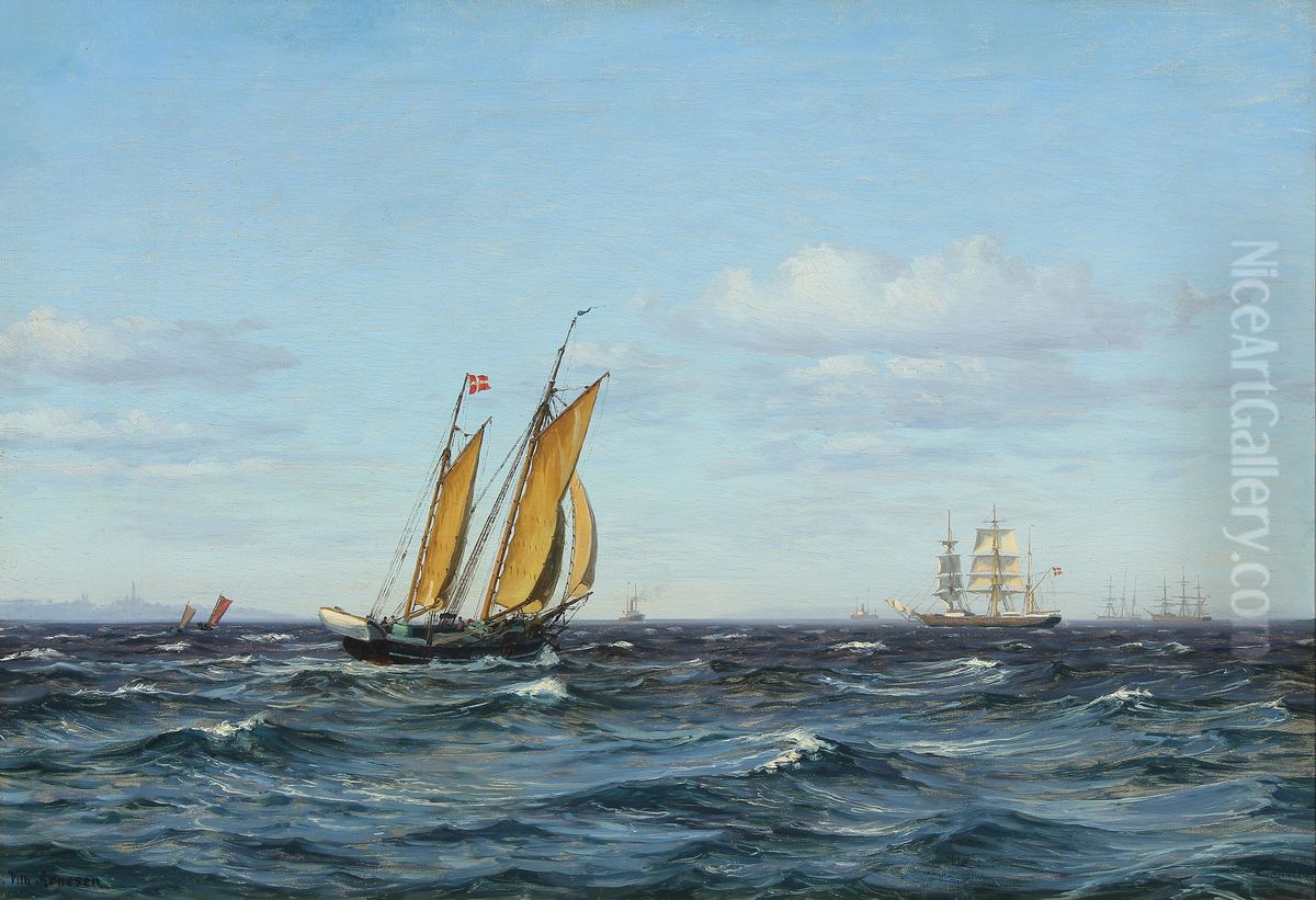 A schooner and other sailing ships in the Sound. Oil Painting by Vilhelm Arnesen