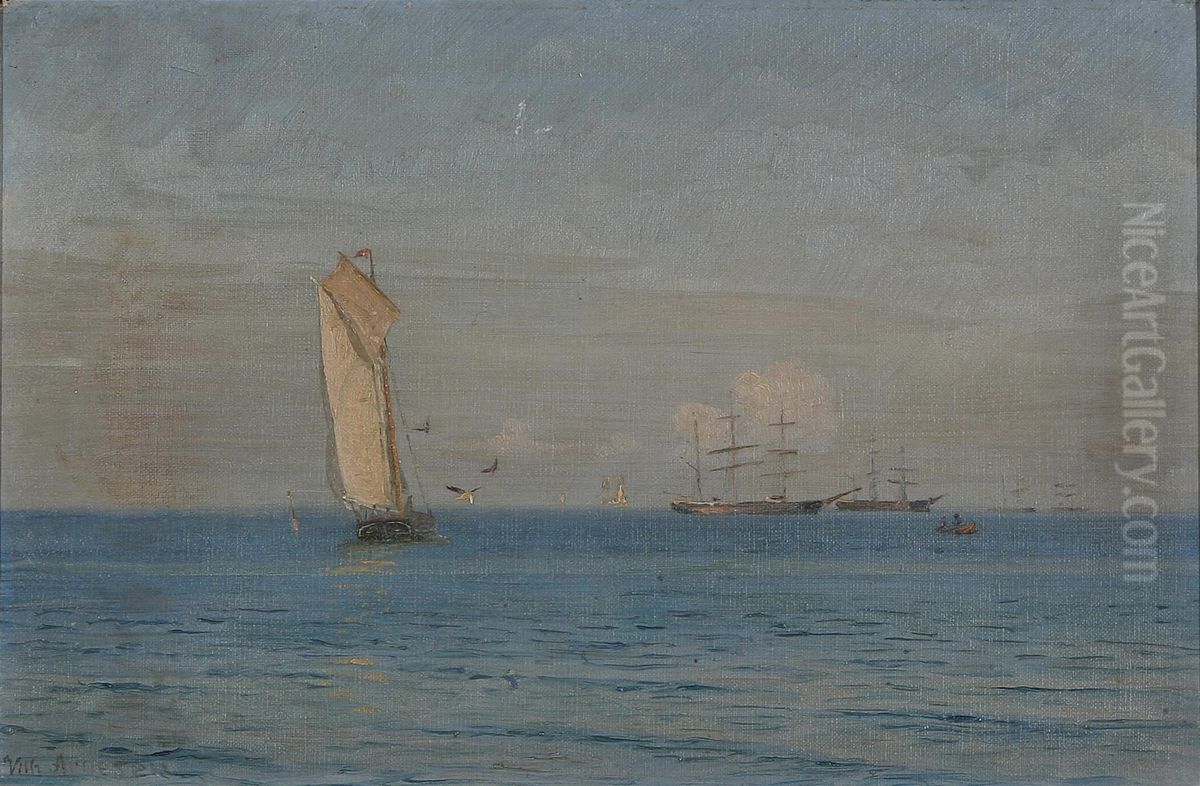 Marine med sejlskibe pa havet. 28 x 43 cm. Oil Painting by Vilhelm Arnesen