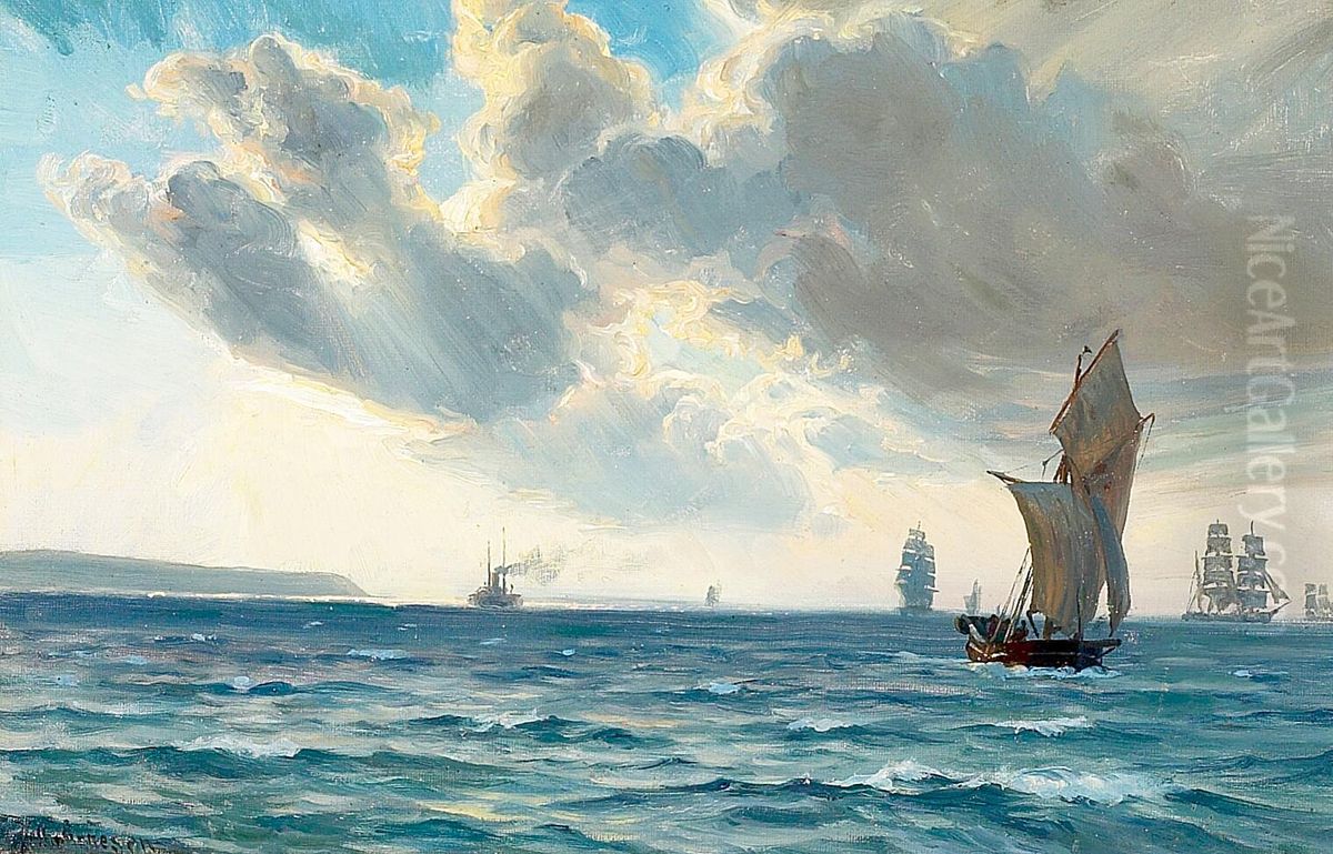 Sailing ships and a steamship at sea. Oil Painting by Vilhelm Arnesen