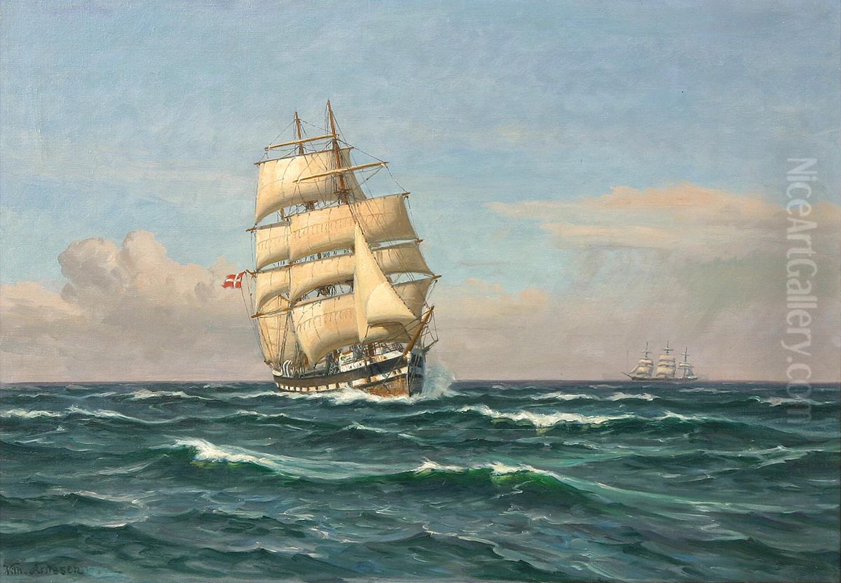 Marine med sejlskibe. 70 x 100 cm. Oil Painting by Vilhelm Arnesen