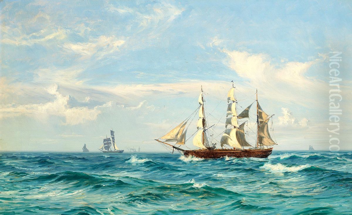 Sailing ships at sea. 65 x 106 cm. Oil Painting by Vilhelm Arnesen