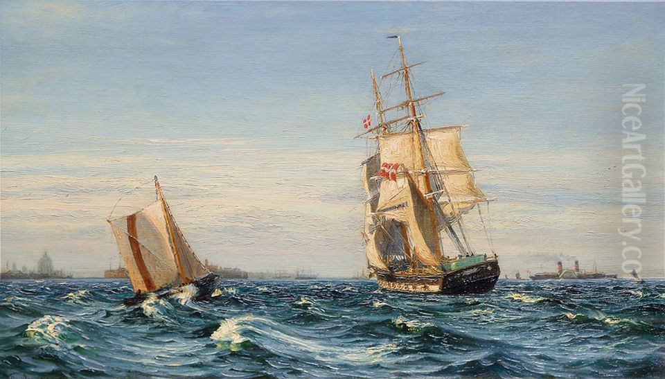 A pilot boat, a sailing ship and a paddle steamer. Oil Painting by Vilhelm Arnesen