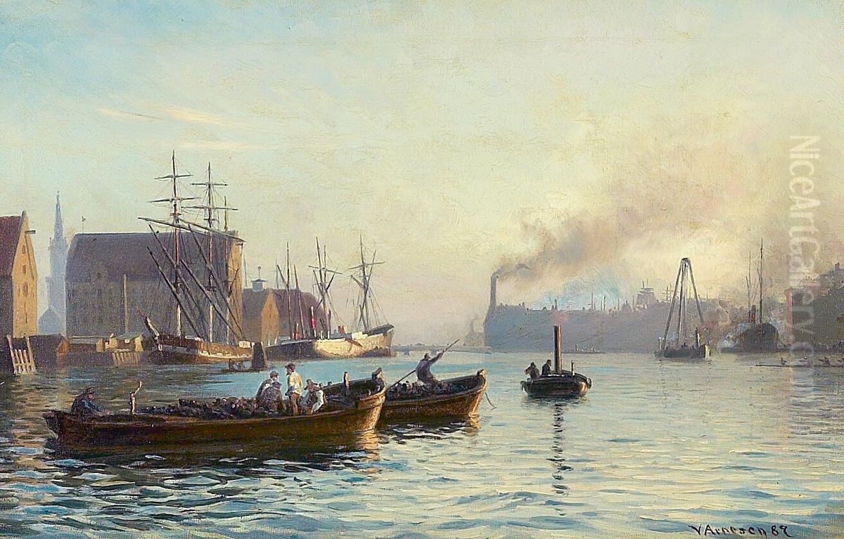 Aftenstemning fra Kobenhavns Havn med bade og talrige figurer. Oil Painting by Vilhelm Arnesen