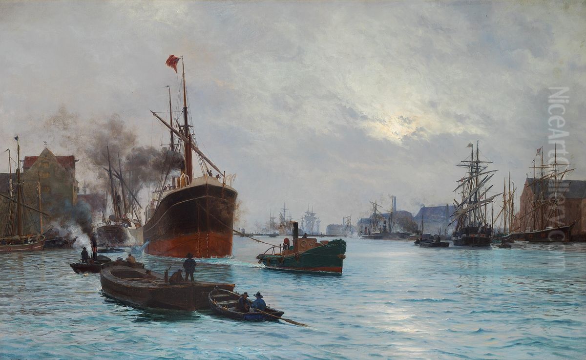 A steamship being towed in the port of Copenhagen. Oil Painting by Vilhelm Arnesen