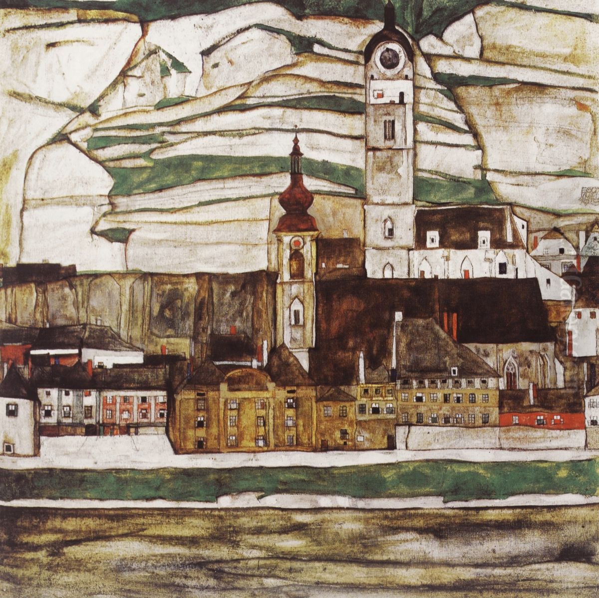 Stein an der Donau II ri ben yu:donau he pannoshutain,hina duannobudou tiannoaru (da) Oil Painting by Egon Schiele