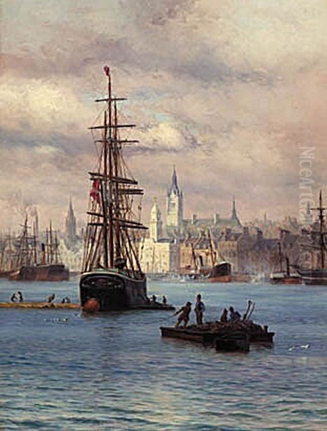 Dansk tremaster ud for en havneby. Oil Painting by Vilhelm Arnesen