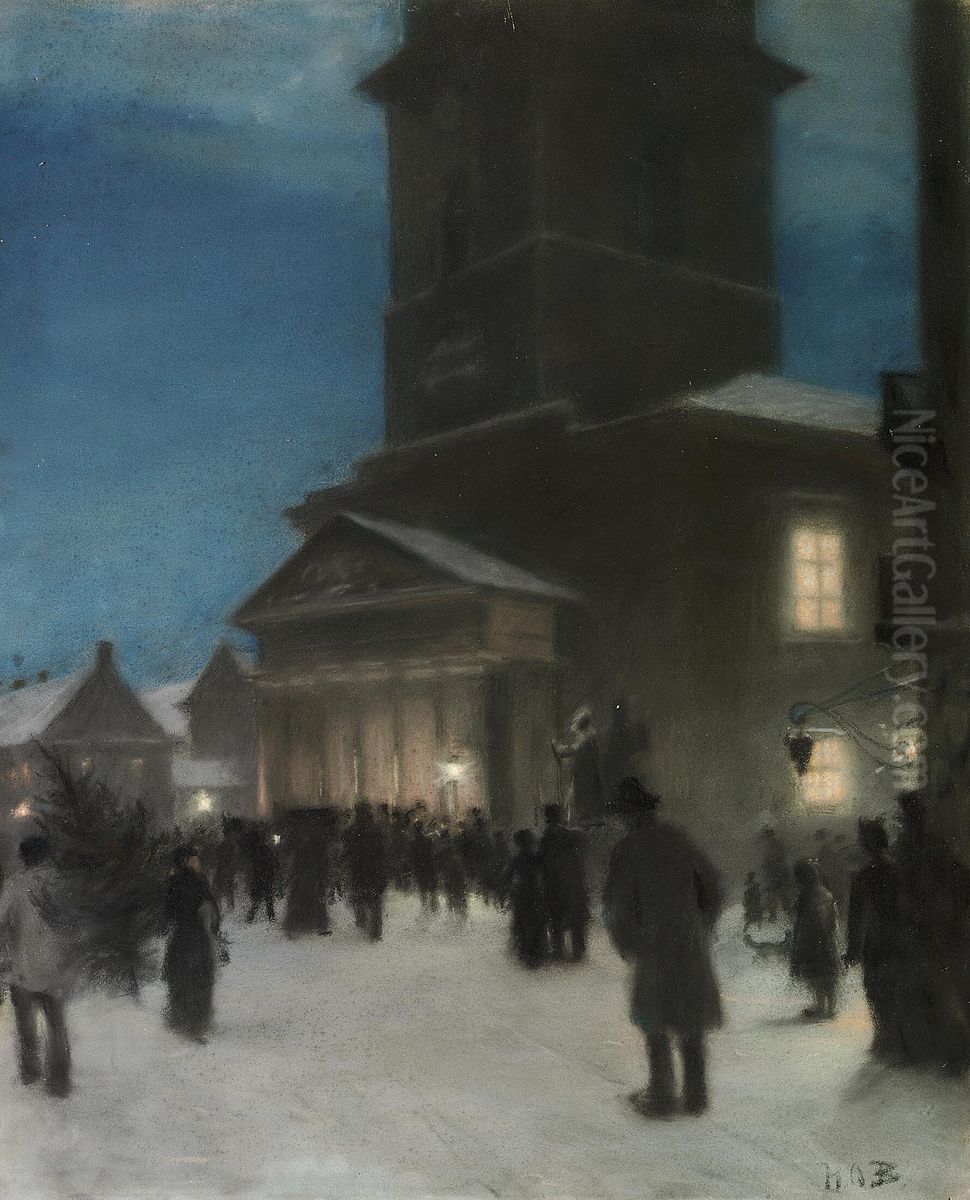 Juleaften uden for Frue Kirke. Oil Painting by H. A. Brendekilde