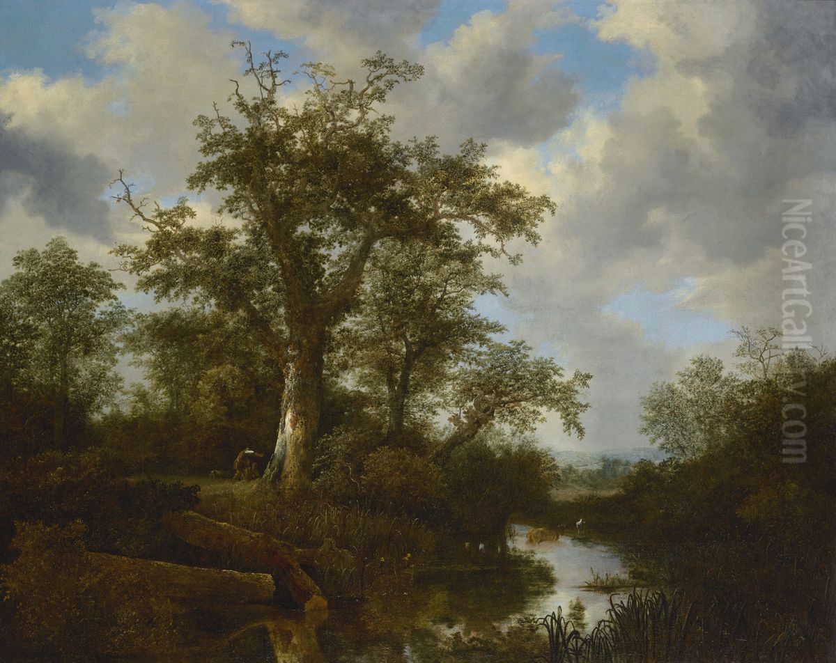 Wooded landscape with cattle crossing a stream Oil Painting by Jacob Van Ruisdael