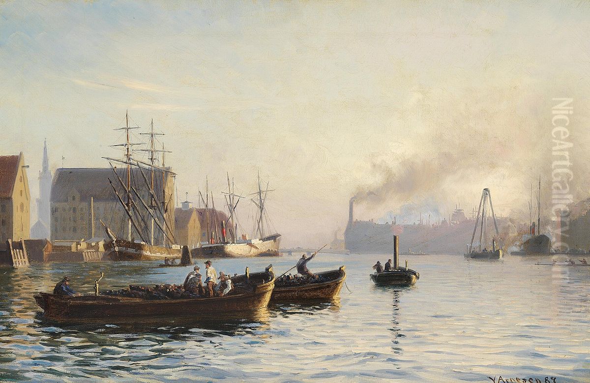 Parti fra Kobenhavns Havn med Christianshavn i baggrunden. Oil Painting by Vilhelm Arnesen