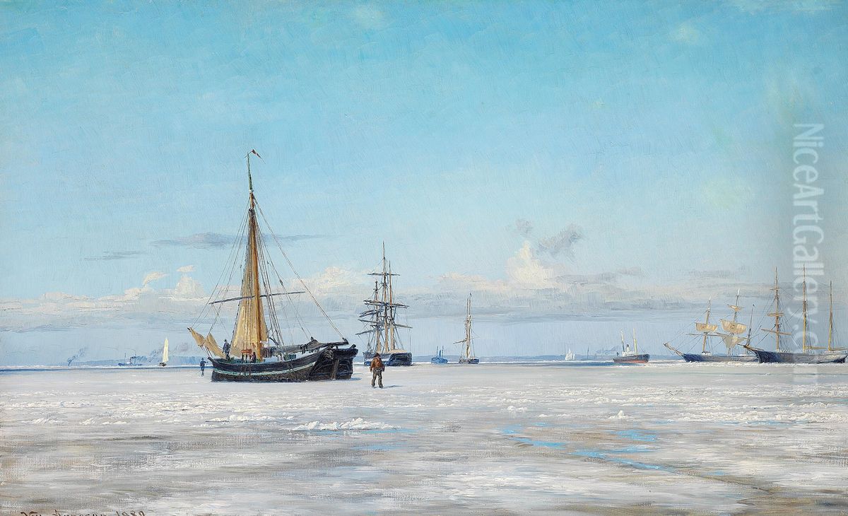 Ships on the frozen Sound on a clear winter day. Oil Painting by Vilhelm Arnesen